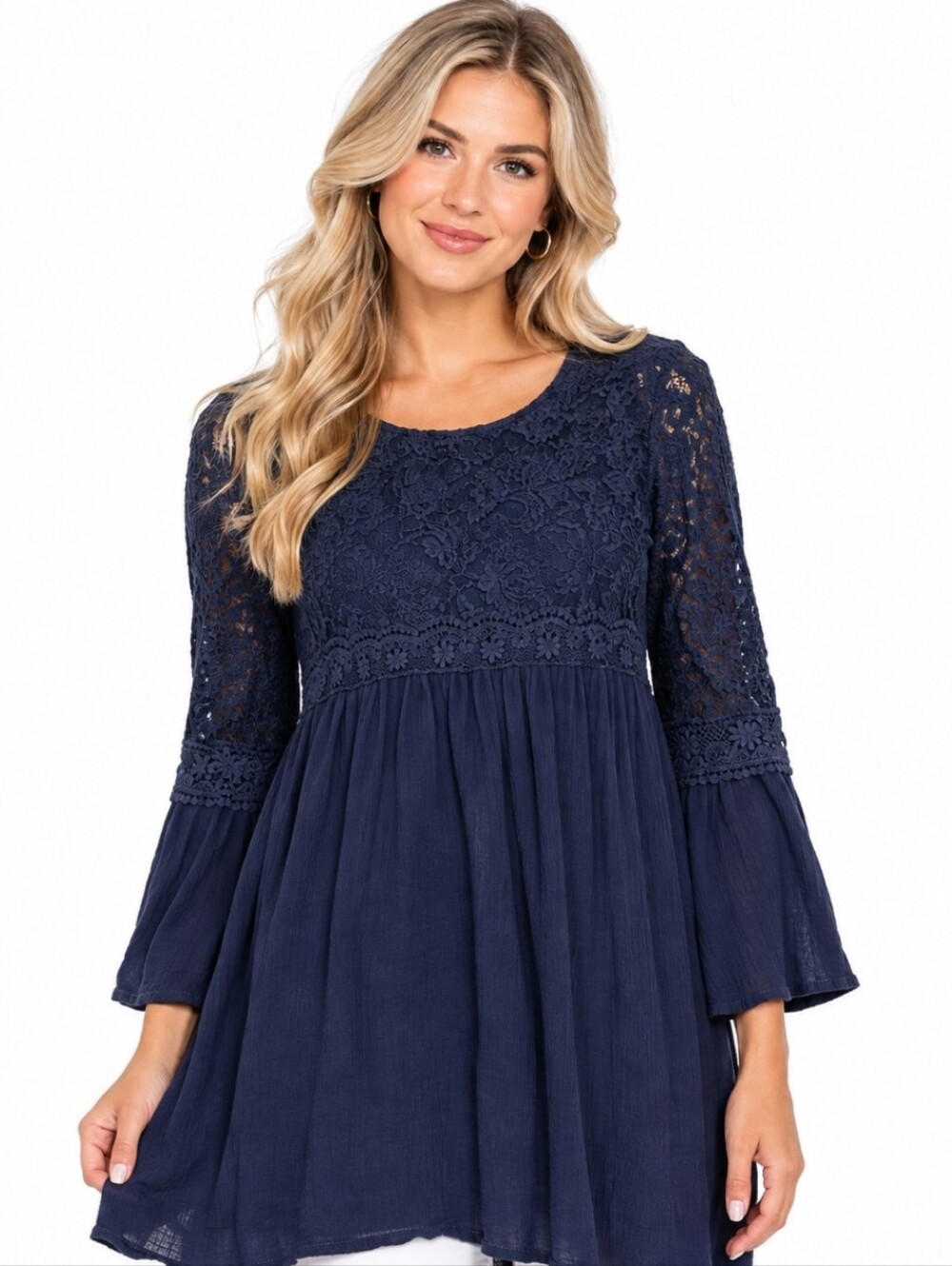 Nwt Indigo Thread Co. Navy Blue Lace Yoke Bell Sleeve Babydoll Dress Navy (Med)